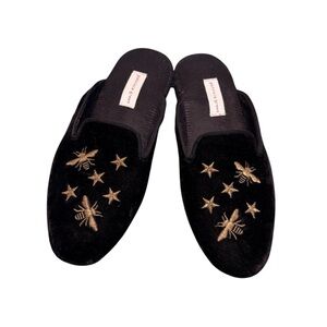 Patricia Green Beatrice Black Velvet Embroidered Bee And Star Slippers Size 7